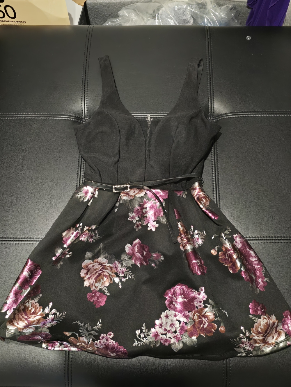 Floral Fit-and-Flare Dress in Black and Plum
